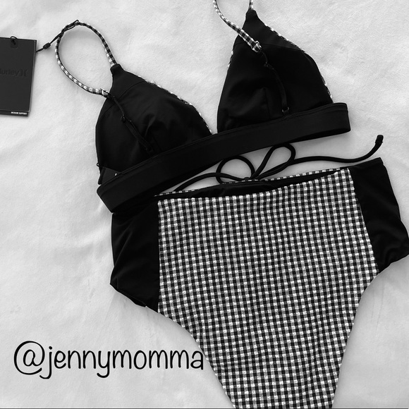 Hurley Gingham Tri Bikini Top & High Waist Bottom Set vintage vibes size Small - Picture 4 of 11